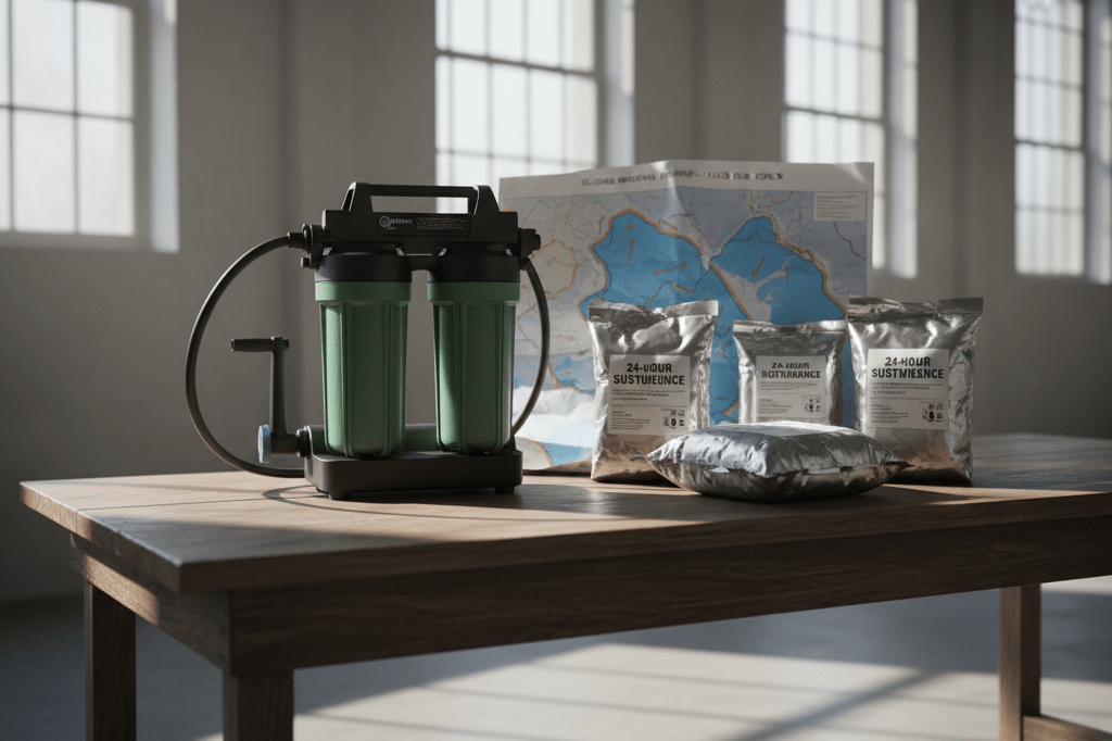 Portable water filter and food packs on warehouse table under natural light symbolizing flood preparedness
