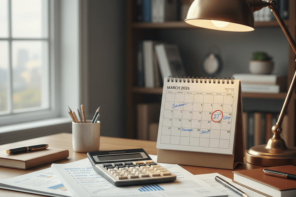 Neatly arranged financial advisor's desk with calculator, budget notes, and calendar under natural and ambient lighting