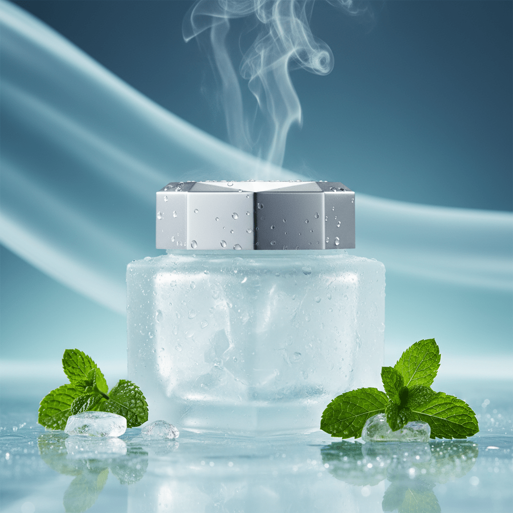 Cooling hair care product with menthol and mint Frosted glass hair care jar with metallic cap on icy surface, surrounded by mint.