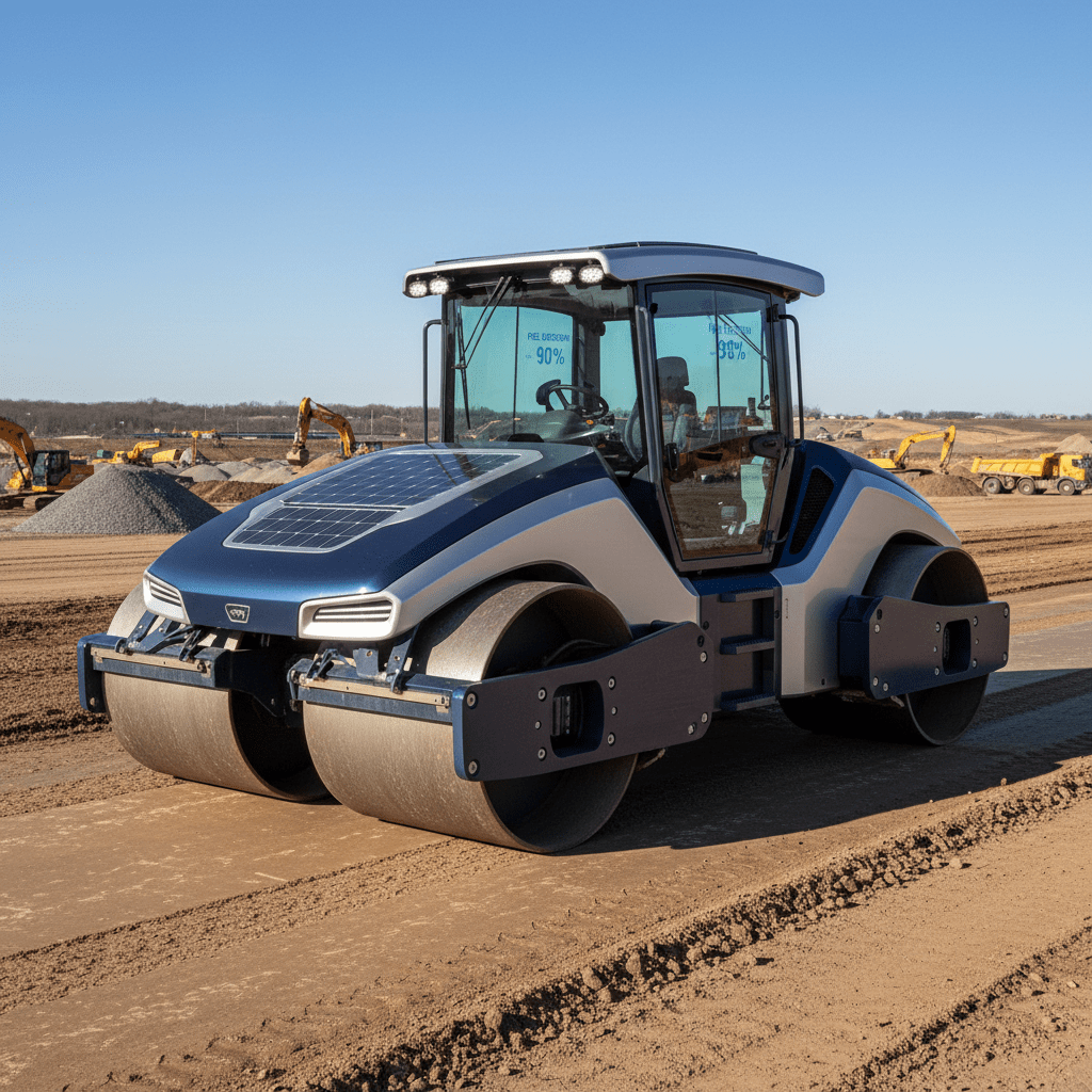 Hybrid diesel compactor on highway construction site with dual steel drums.