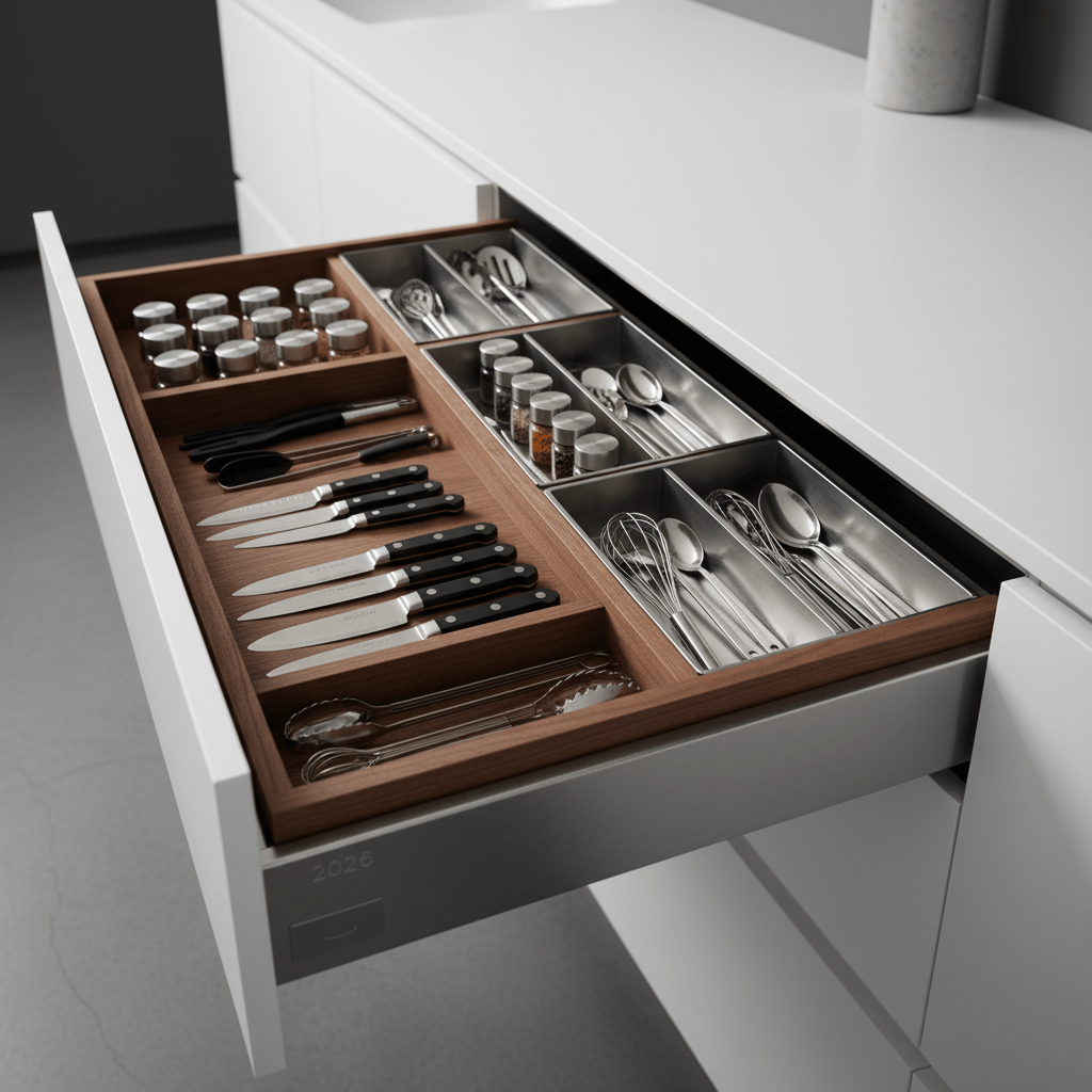 Opened luxury kitchen drawer with walnut wood and stainless steel modular inserts for organization.
