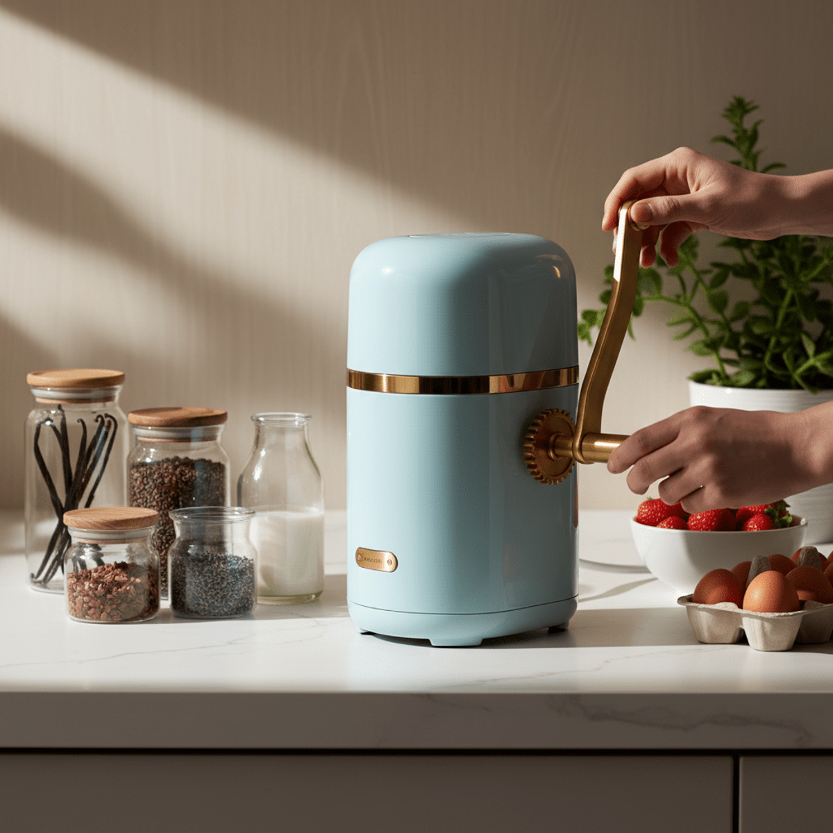 Matte pastel ice cream maker with brass accents on a minimalist countertop.