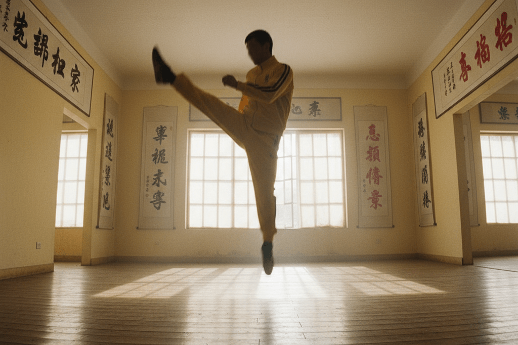 Vintage martial arts dojo with yellow accents and a blurred figure practicing a flying kick, representing enduring iconography