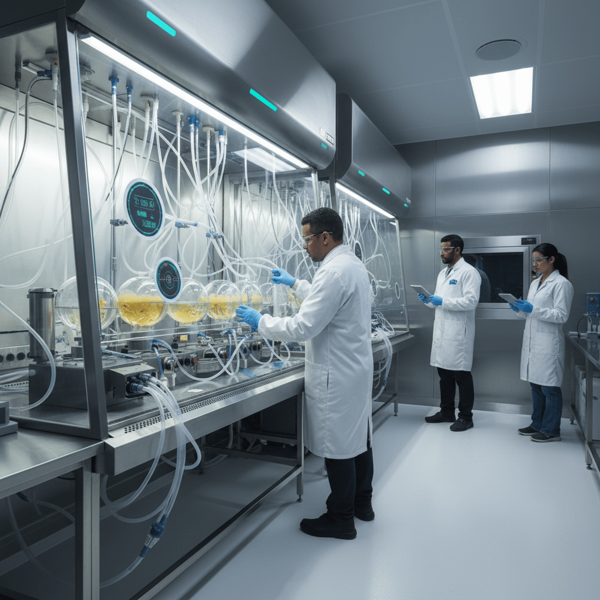 Cellular agriculture lab with laminar flow hood, culture displays, and researchers.