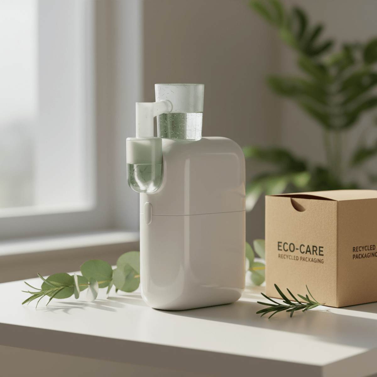 Sleek portable nebulizer made from recycled plastic and plant-based polymers.