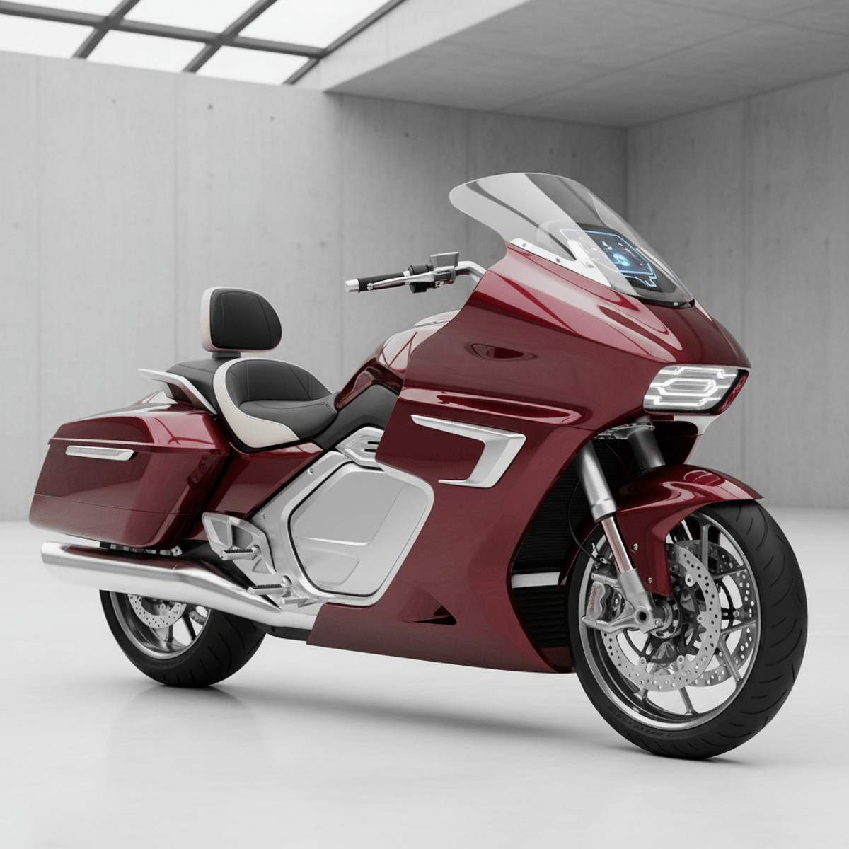 Futuristic luxury touring motorcycle with metallic burgundy panels and polished aluminum details.