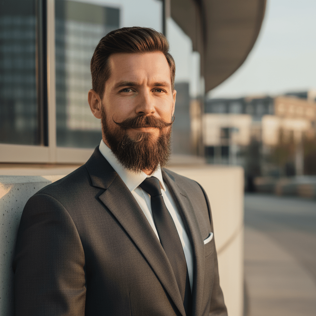Man with Balbo goatee outdoors in golden hour light against urban architecture.