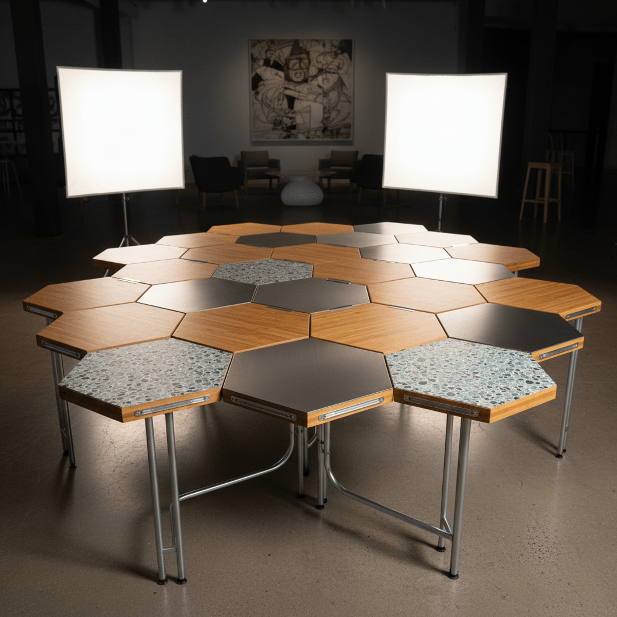 Portable hexagonal table in a honeycomb pattern with bamboo, steel, and composite finishes.