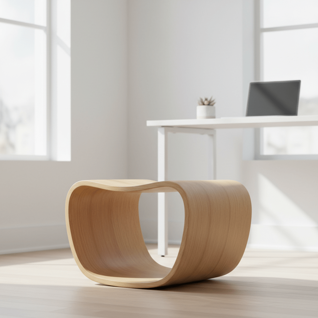 Sculptural oak wobble stool in a sunlit, minimalist home office setting.