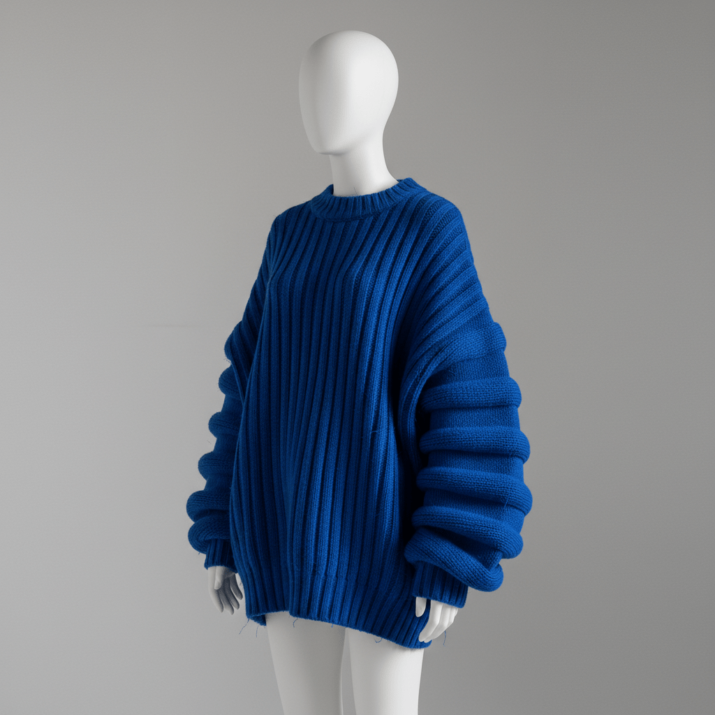 Oversized cobalt blue sweater with dramatic drop shoulders and chunky knit texture.