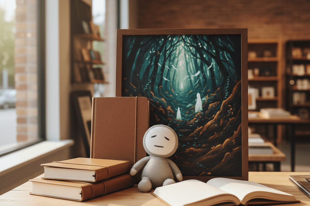 Strategic retail display evoking emotional narrative tension Generic merchandise arranged on a retail table under warm light to suggest unresolved storylines and fan engagement