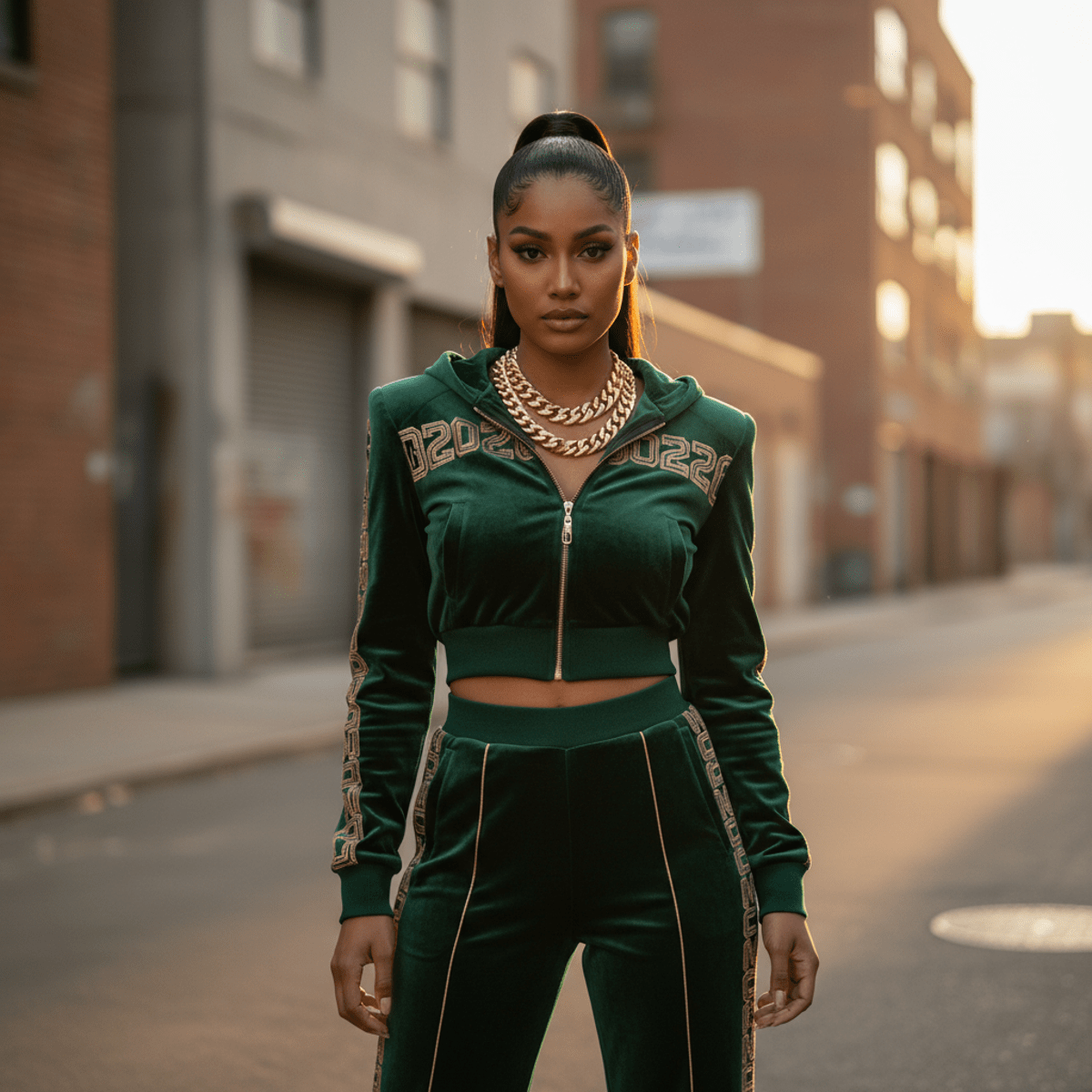 Model in plush emerald velour tracksuit on urban street at golden hour.