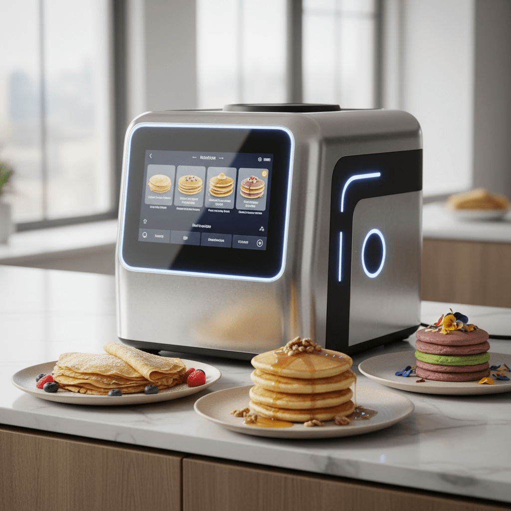Futuristic pancake machine with glowing sensors and digital recipes, serving crepes and pancakes.