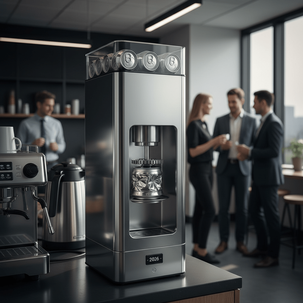 Sleek vertical electric can crusher in a modern office breakroom, crushing aluminum cans.