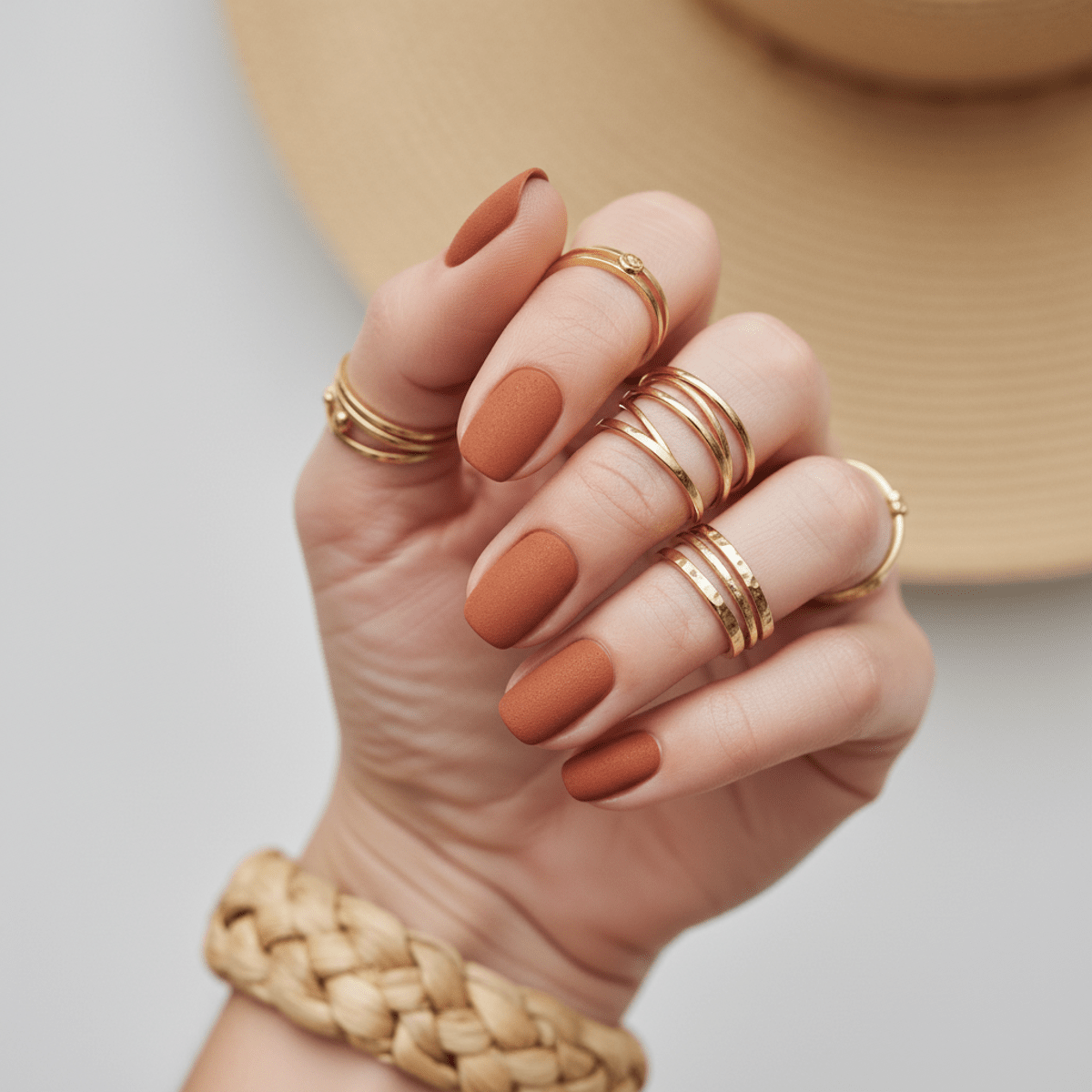 Matte terracotta nails with clay texture, inspired by Mediterranean pottery and warm earthy tones.