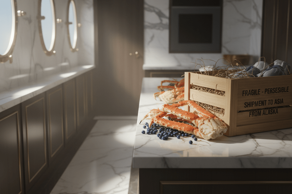 Artisanal seafood and berries on marble next to shipping crate, symbolizing global luxury cruise procurement