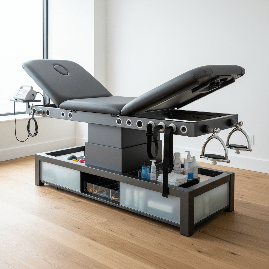 Modern therapy table with integrated storage and medical accessories. Sleek modular physical therapy table with storage and medical accessories in a modern clinic.