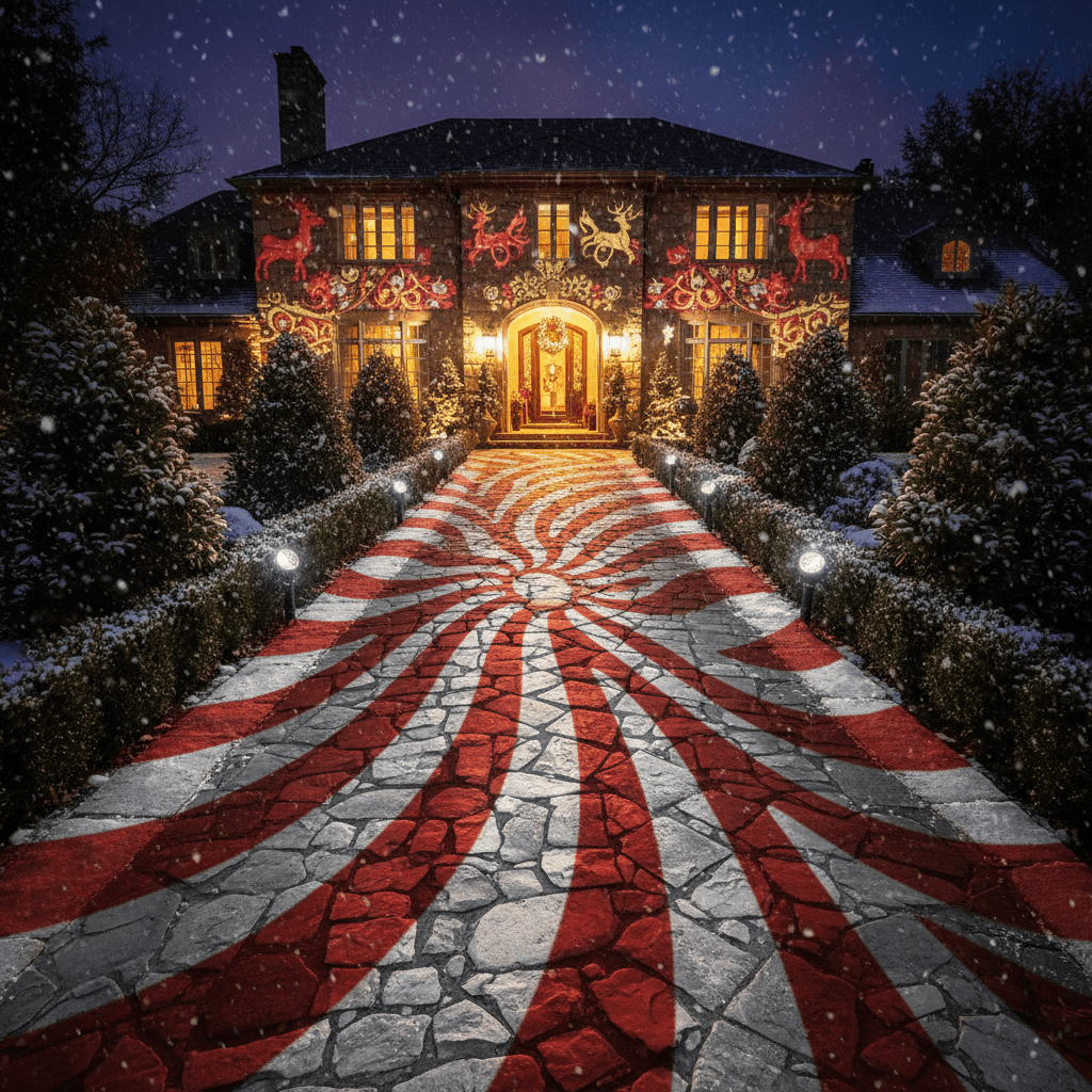 Cozy driveway entrance illuminated by vibrant candy cane stripe Christmas lights projecting onto snow.