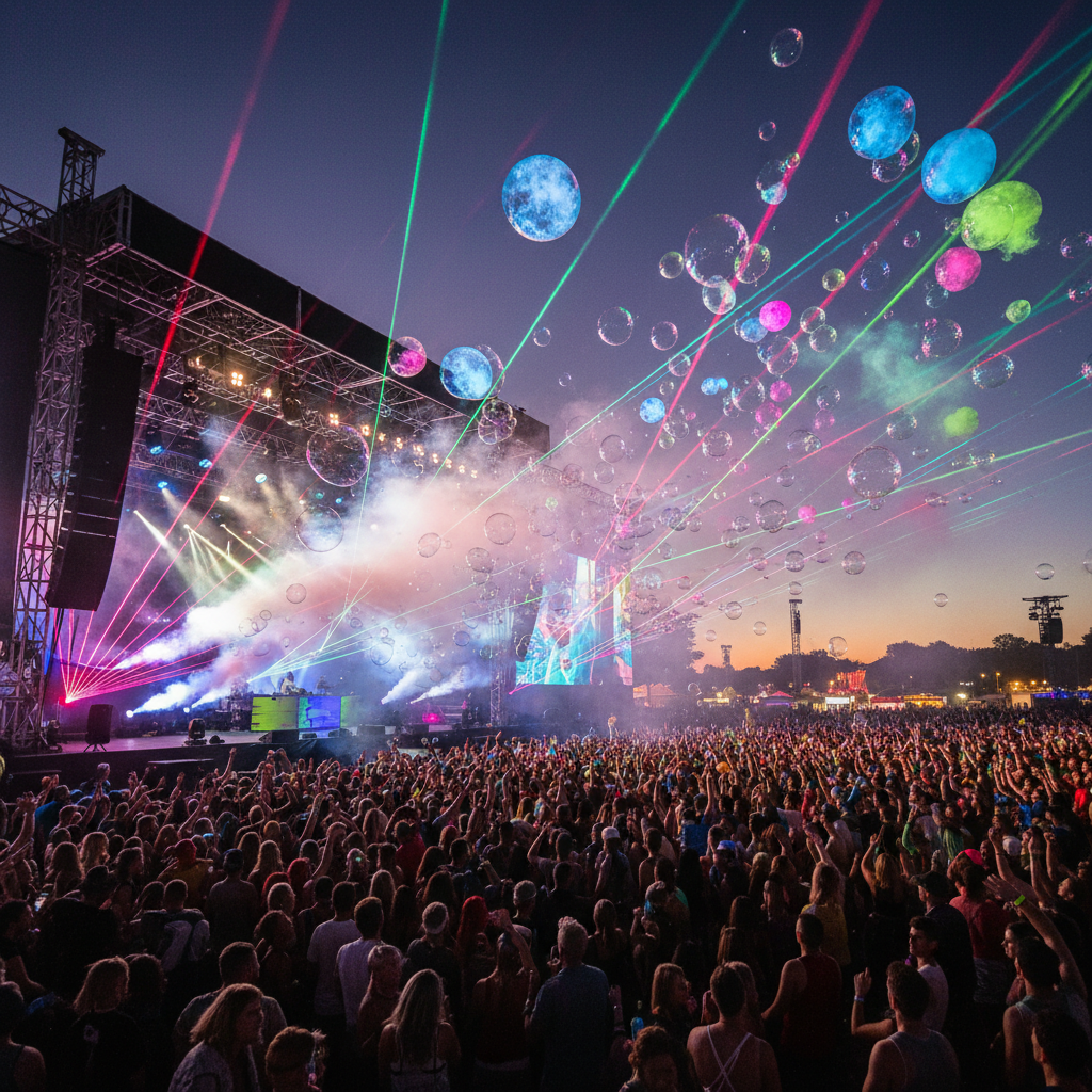 UV-reactive fog bubbles glow at a night music festival with laser lights.