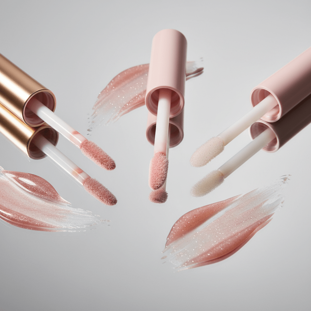 Artistic arrangement of Korean lip gloss applicators with unique tips on a mirrored surface.