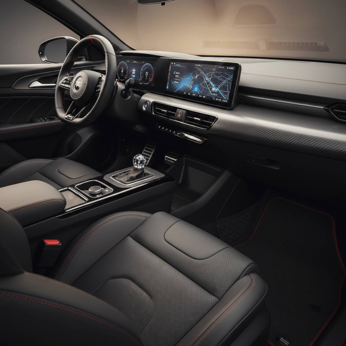 Luxurious sport sedan interior featuring black sport seats with red stitching and aluminum pedals.