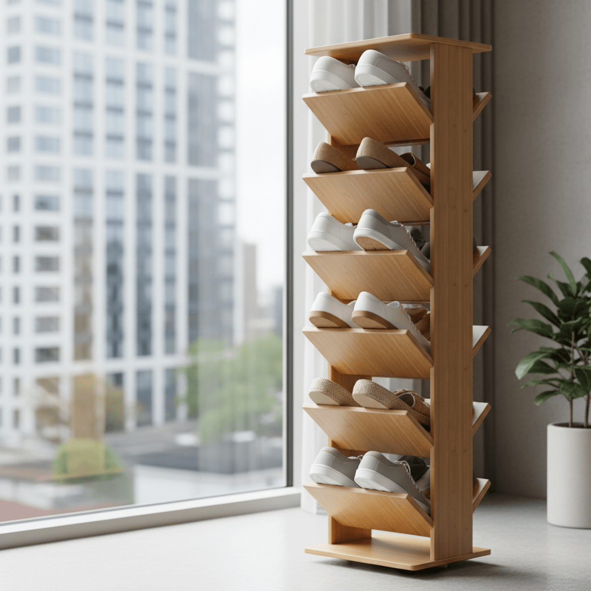 Slender bamboo shoe organizer tower with angled shelves in a modern apartment.