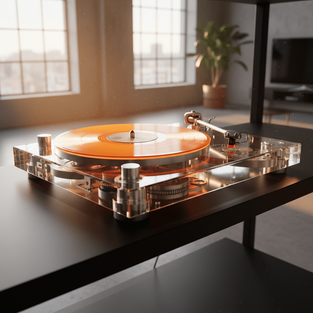 Clear acrylic turntable, spinning orange record in sunlit loft Clear acrylic turntable with visible mechanics and orange record in sunlit loft.