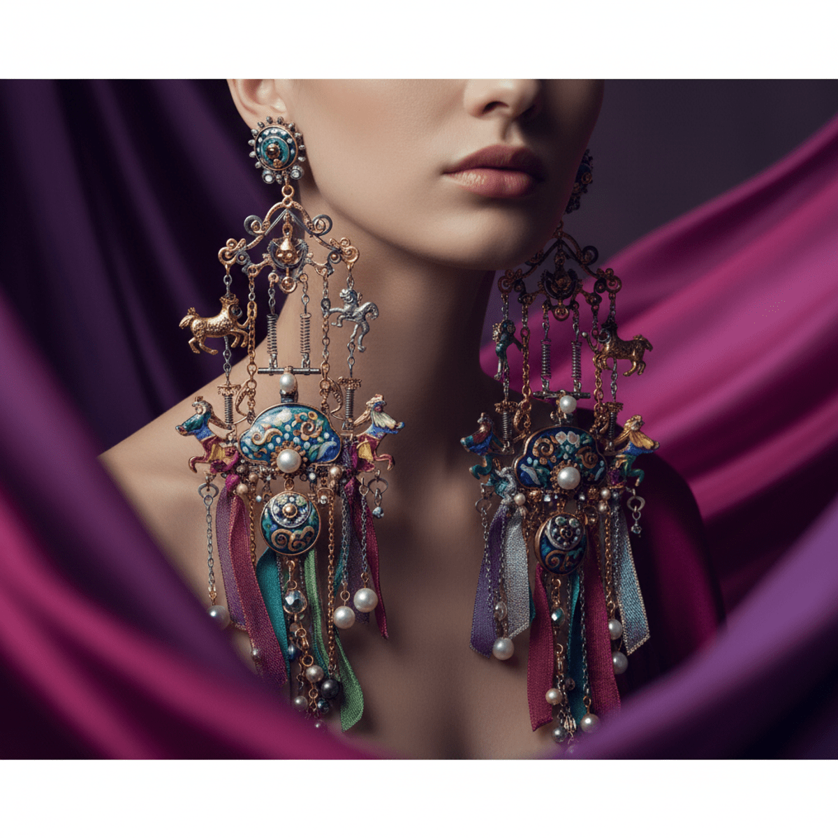 Maximalist statement earrings with kinetic figures and mechanical elements in mixed materials.