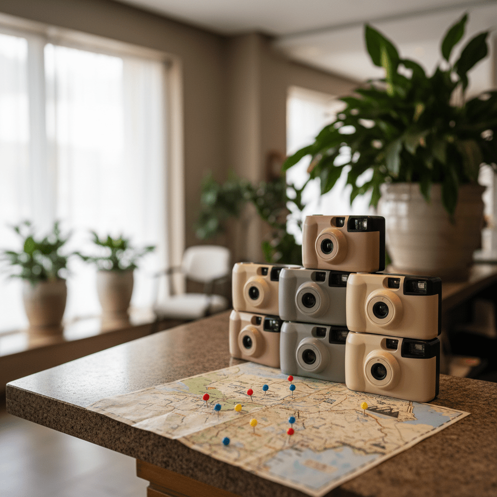 Disposable cameras and a vintage map on a hotel counter, bathed in soft daylight.