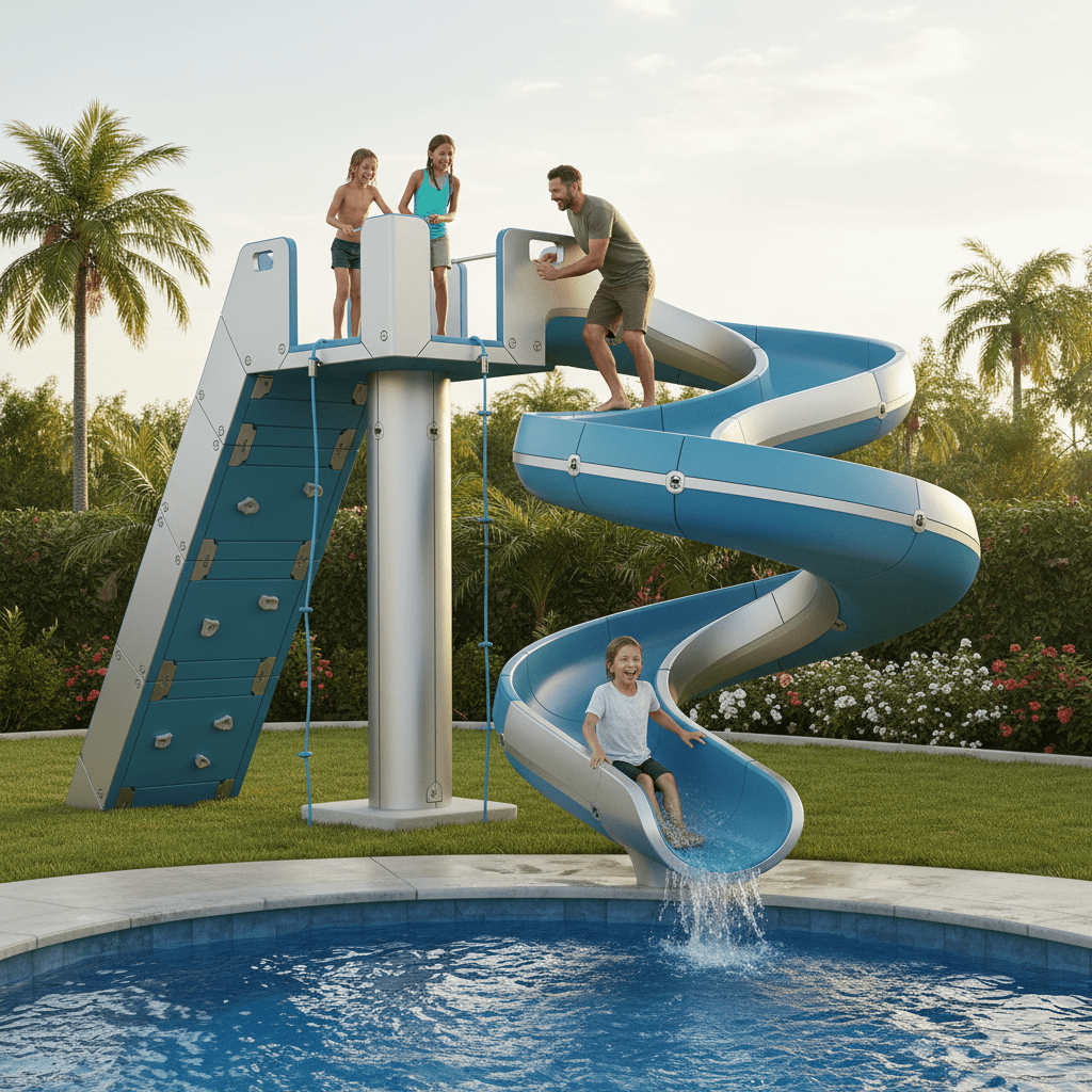 Family enjoys a sleek, modular futuristic pool slide in a lush backyard setting.