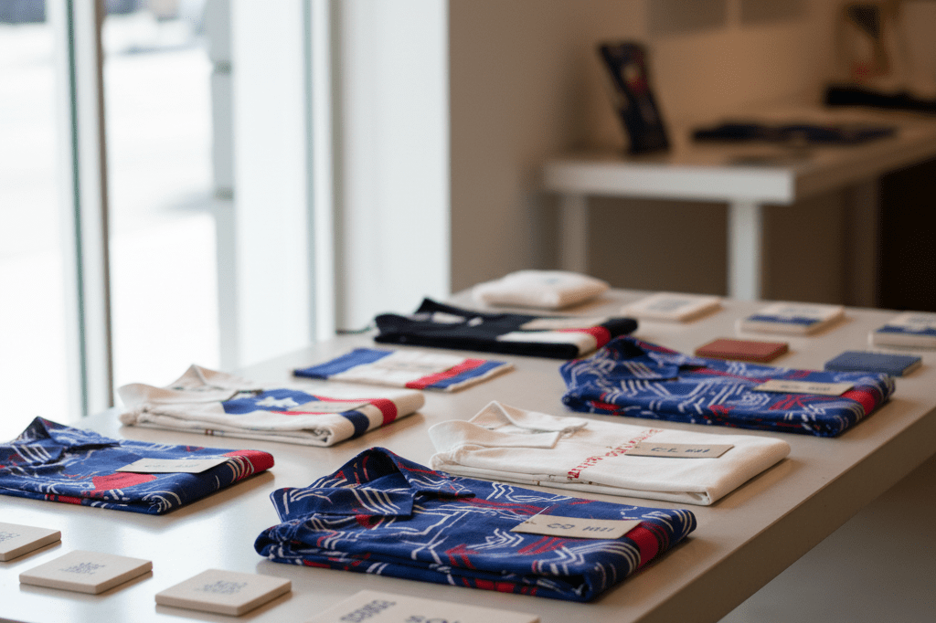Medium shot of culturally inspired apparel and accessories with Puerto Rican colors and abstract reggaeton motifs on a sunlit retail table