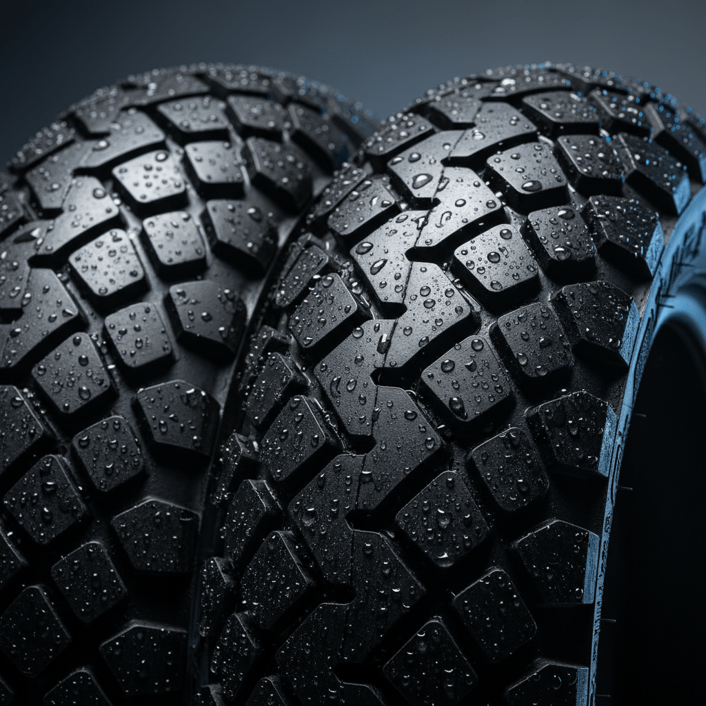 Close-up of supermoto tires with high-silica compound and dense micro-sipes for wet weather.