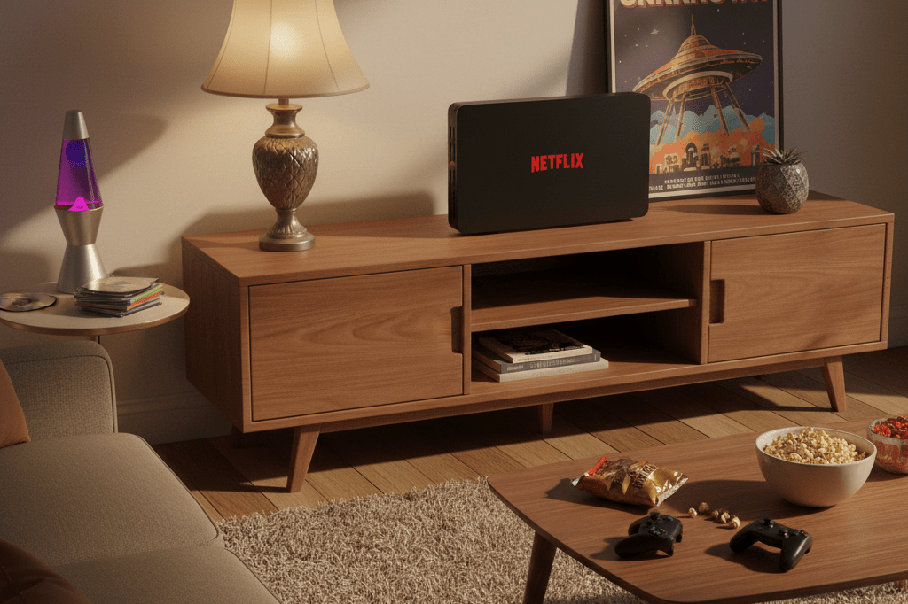 Warmly lit living room with streaming device and nostalgic decor, capturing revival project influence