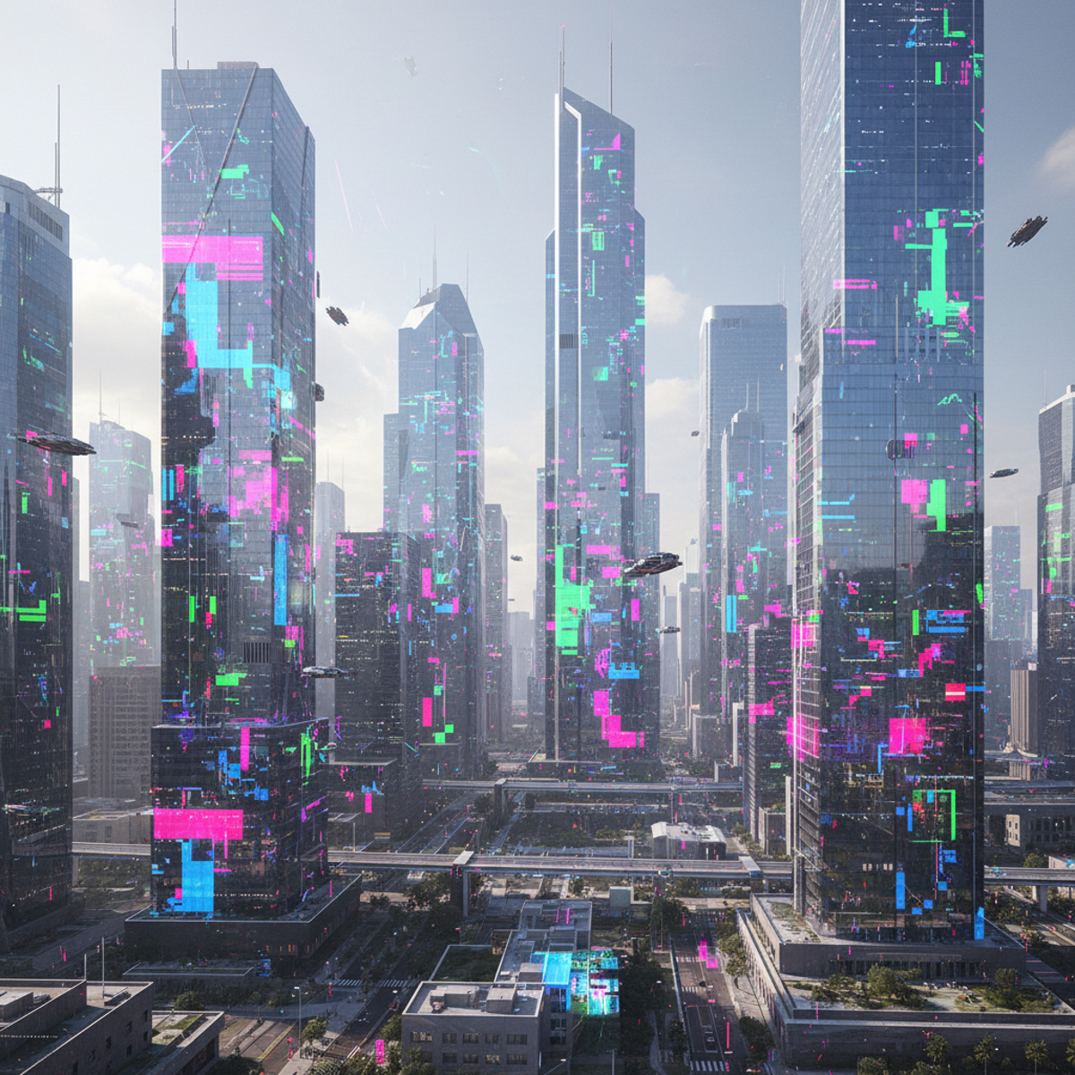 Futuristic cityscape with abstract digital glitch art and vibrant neon colors.