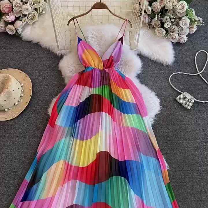 Women Backless Romance Summer Chiffon Beach Maxi Dresses for