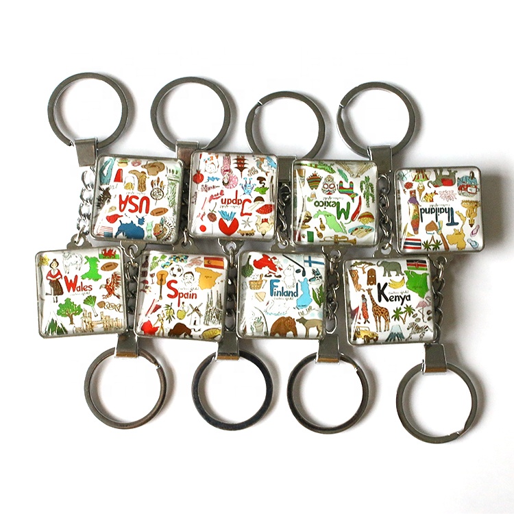 Wholesale Custom Double-sided Square County Crystal Glass Keychain