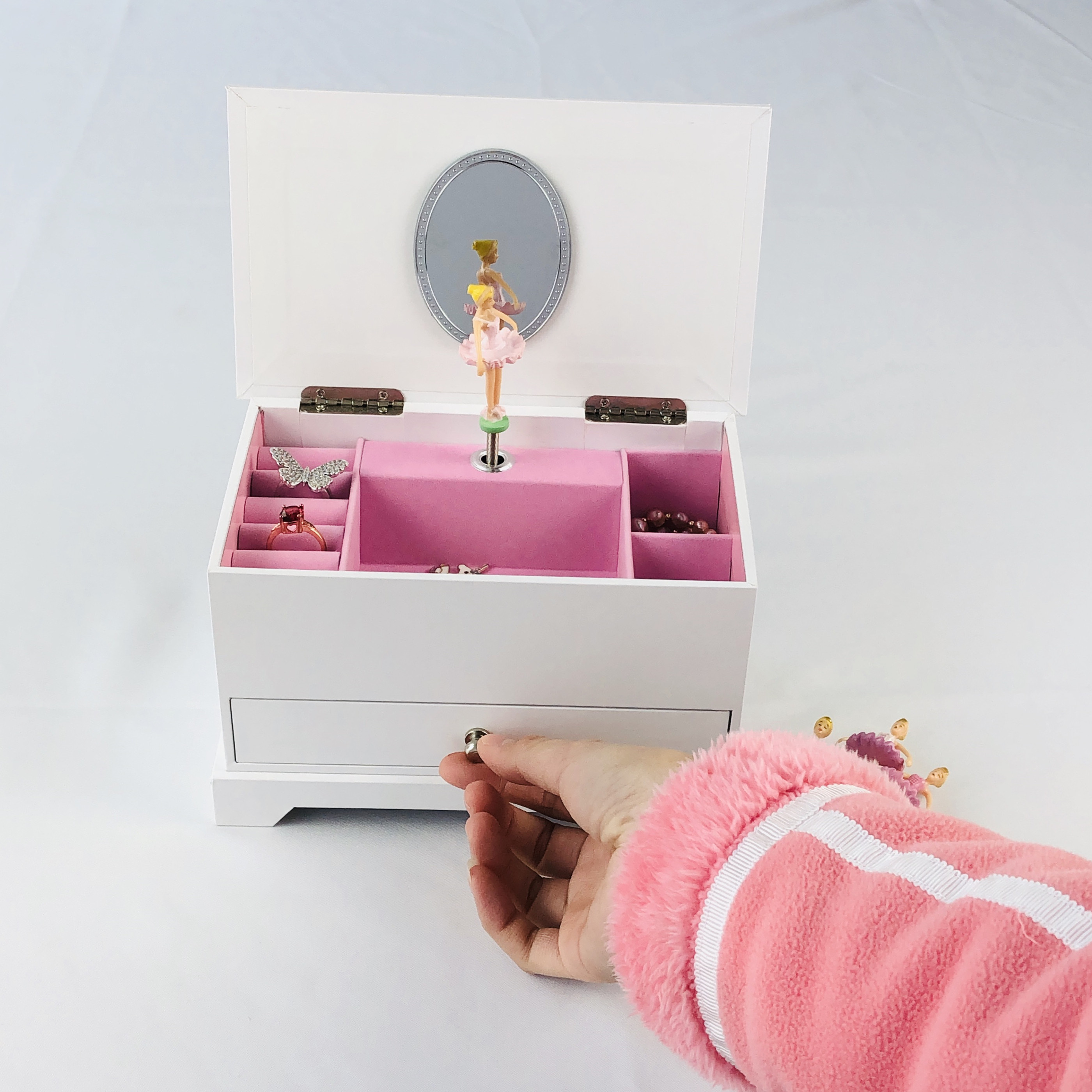 Белая музыкальная шкатулка, набор украшений для маленьких девочек, Музыкальная шкатулка с ручкой