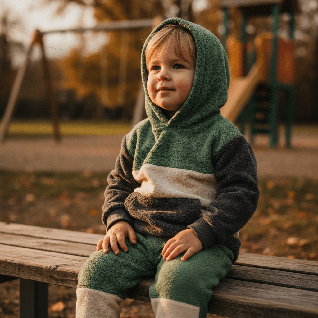 Child in a retro color-blocked terrycloth sweatsuit sits on a playground bench.