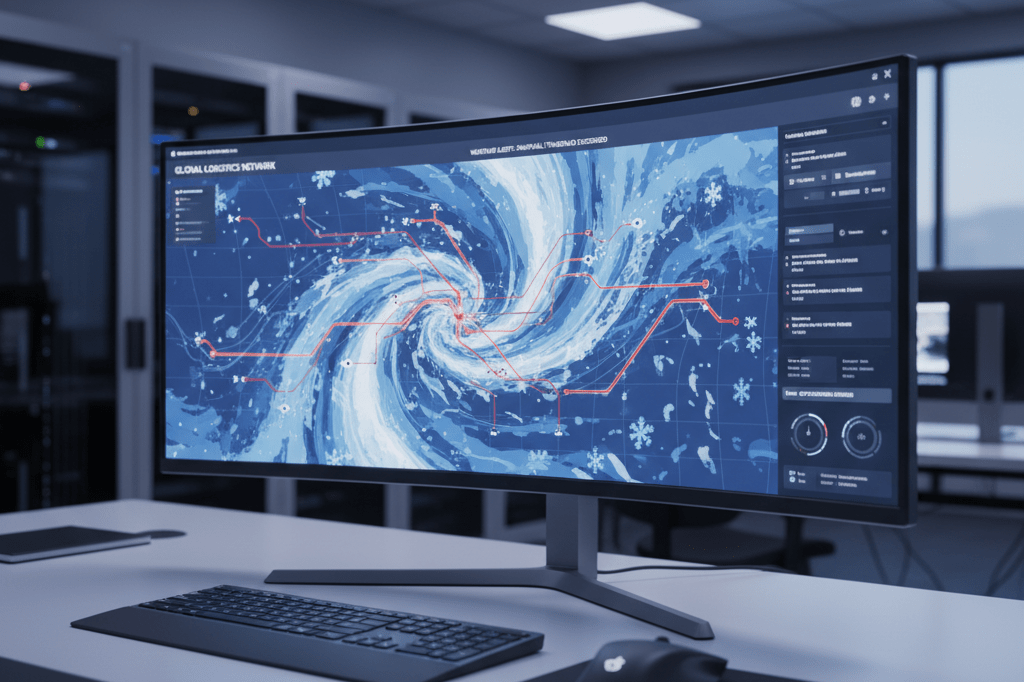Modern logistics desk with monitor showing weather maps and automated route adjustments under cool ambient light