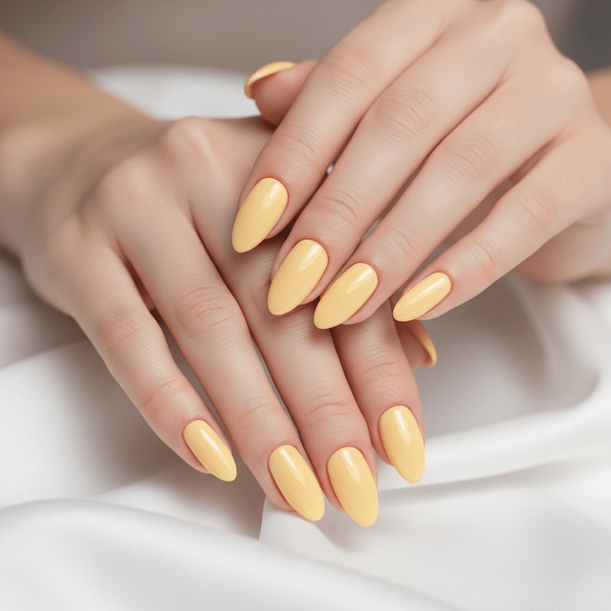 Close-up of warm yellow manicured nails with a glossy cream finish on silk.