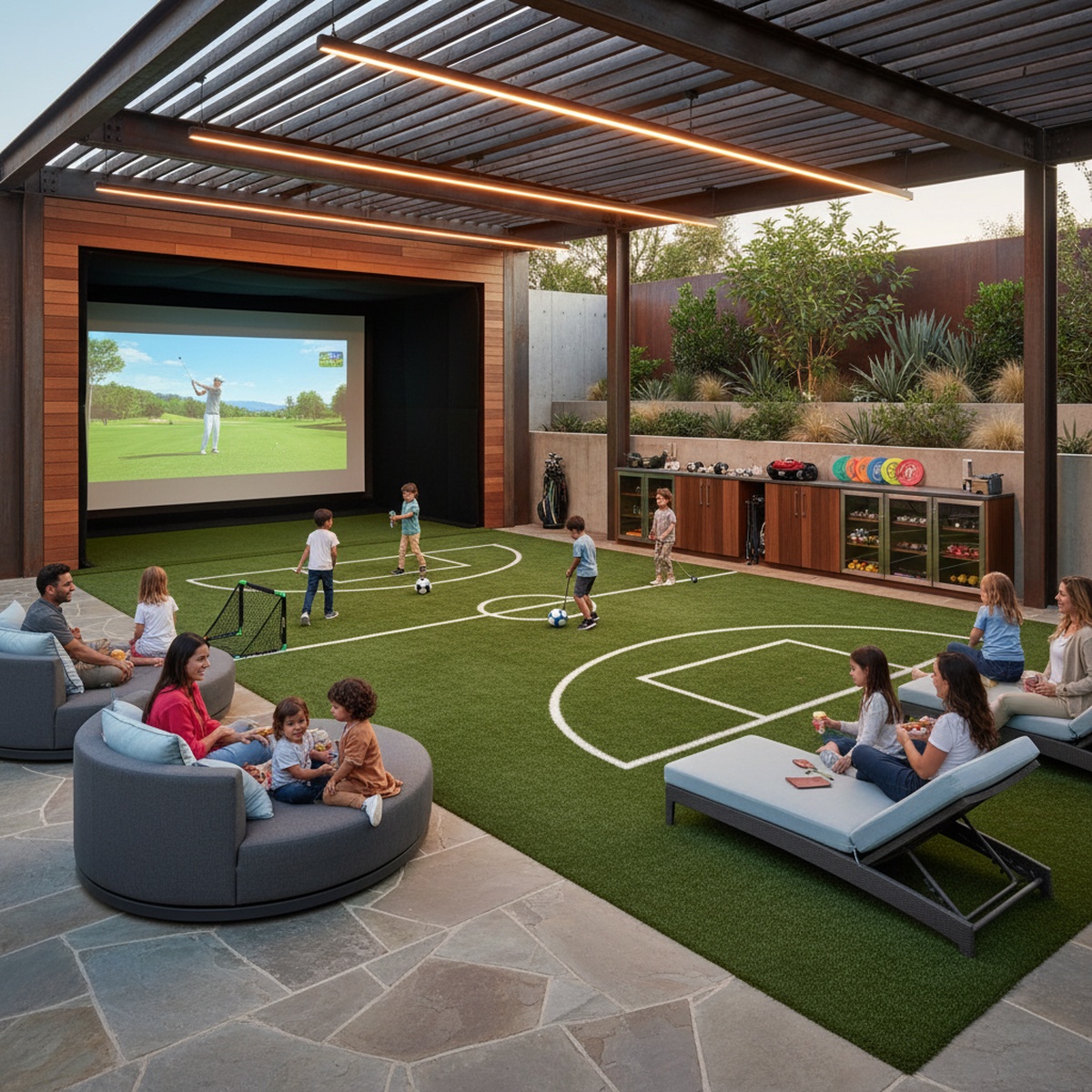 Modern outdoor golf simulator with projection screen and synthetic turf.