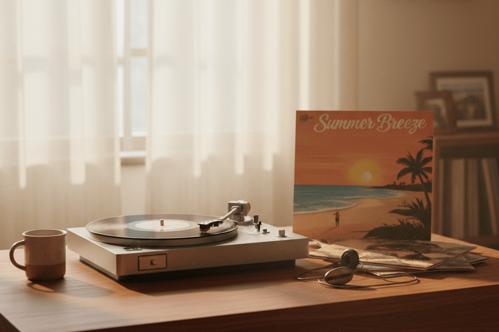 Warmly lit vinyl record player and LP cover on wooden table, symbolizing enduring appeal of classic hits like Summer Breeze
