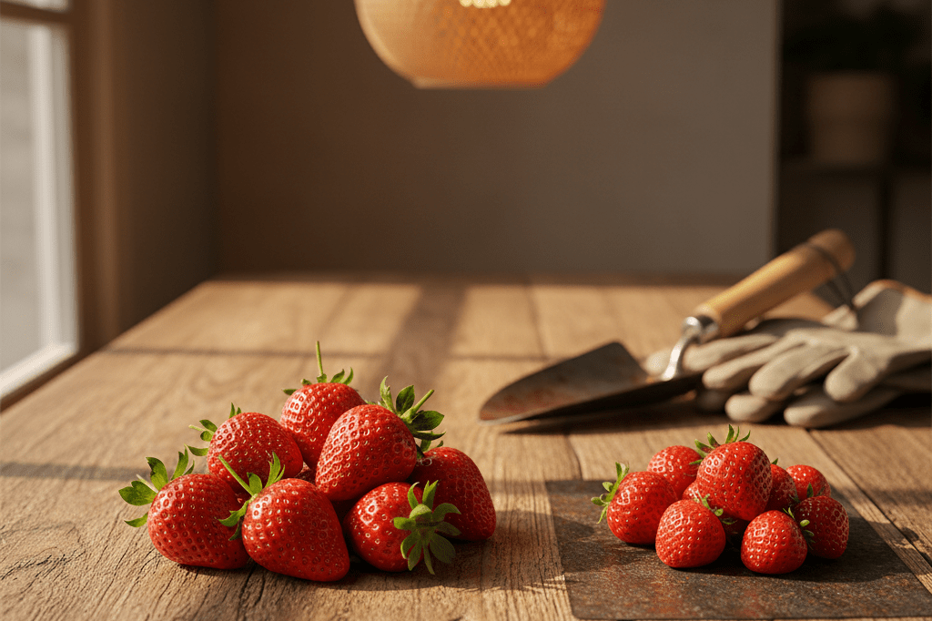 Organic strawberries displayed on a wooden surface with warm ambient lighting highlighting their freshness