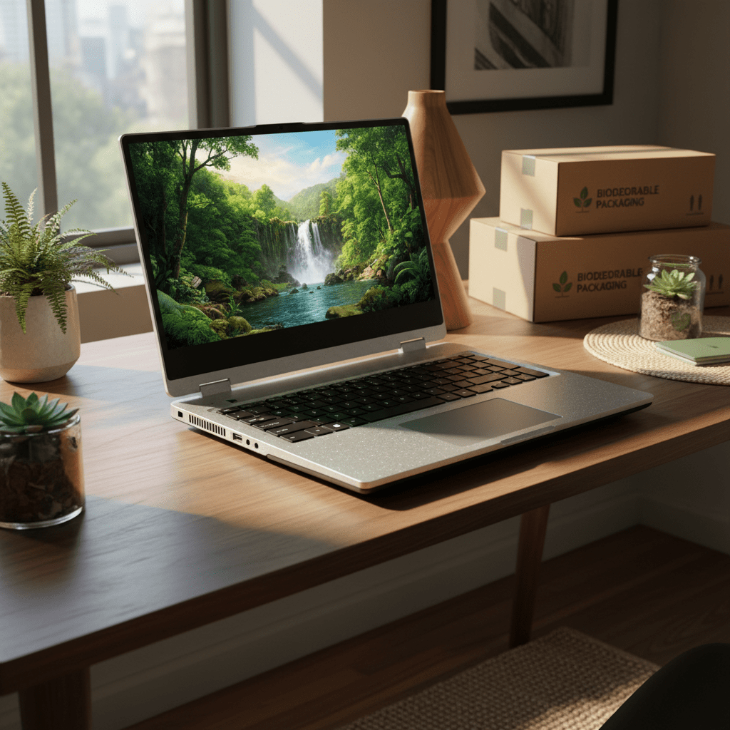Eco-friendly laptop made from recycled materials in a bright, modern home office.