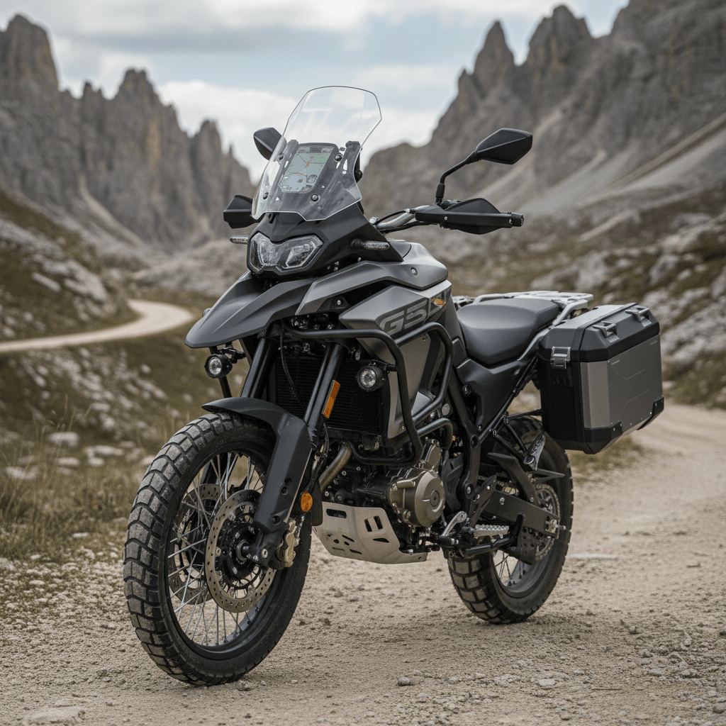 250cc adventure touring motorcycle with beak fender on a rugged mountain dirt trail.