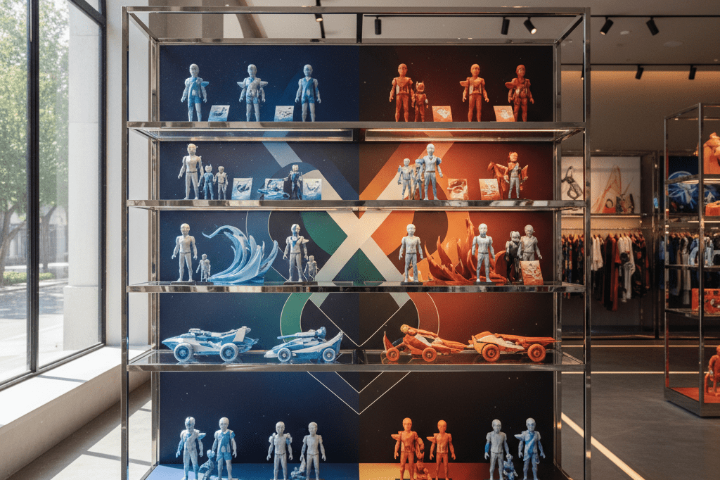 Retail store display featuring generic crossover-themed products under warm ambient lighting, highlighting strategic merchandising opportunities