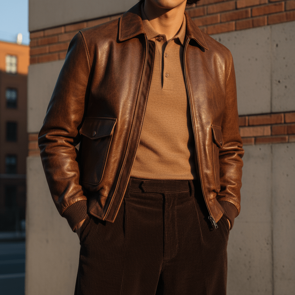 Fashionable street style: brown leather jacket, wool polo, corduroy pants.