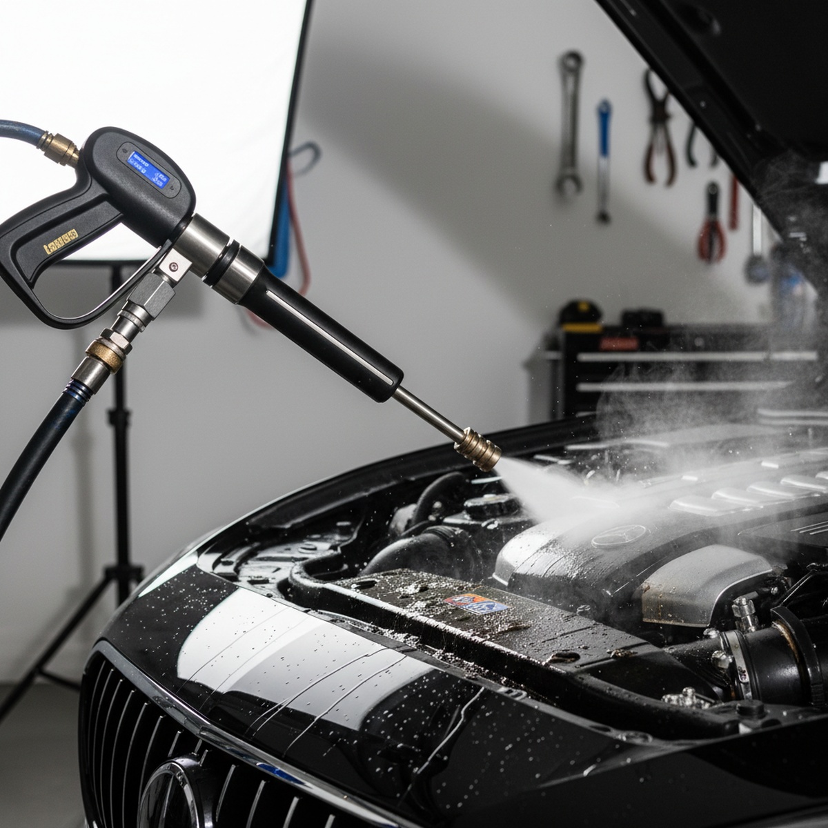 High-end modular pressure washer releasing steam onto a luxury car engine.