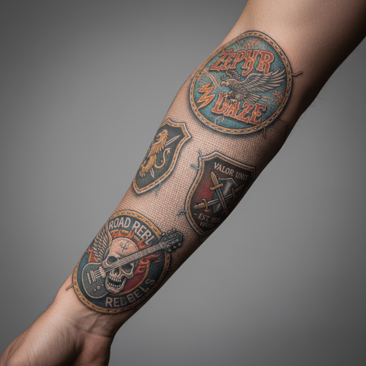 Hyper-realistic forearm tattoo resembling embroidered patches with vintage military insignia.