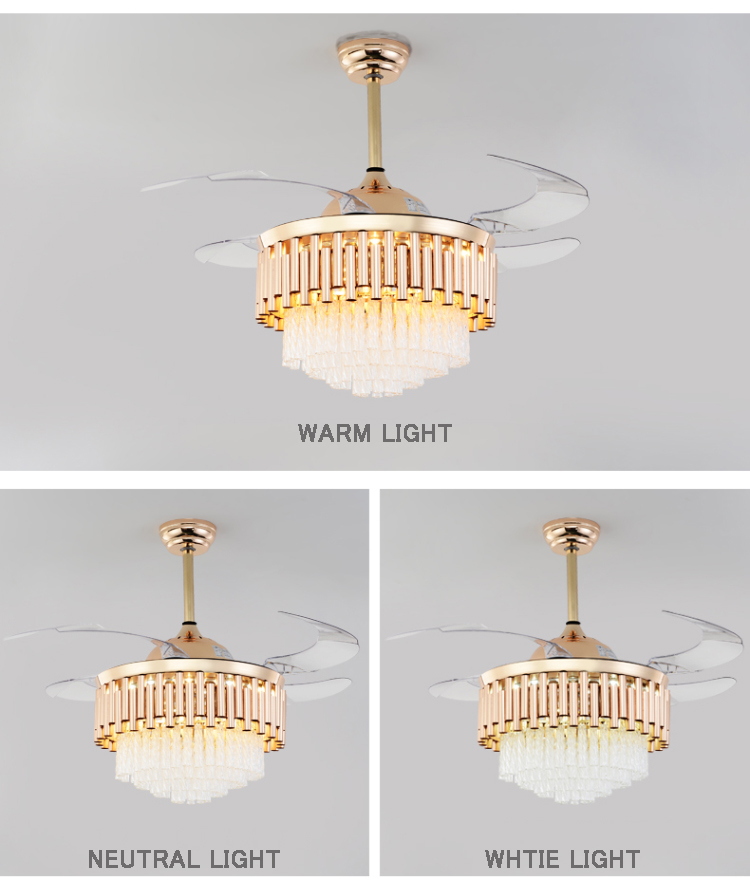 75W 42In Copper Mute Motor ABS Retractable Blades Decorative Crystal LED Ceiling Fan Lights Modern Indoor